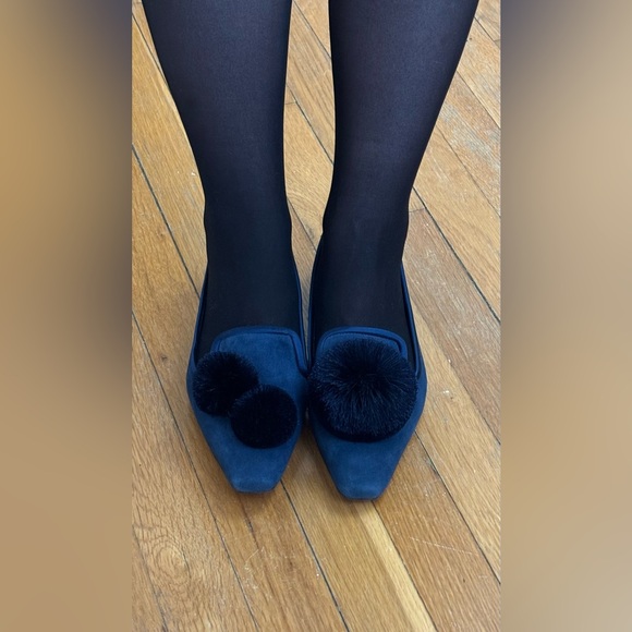 Tory Burch Navy Loafers with Black Pom Poms - Picture 2 of 5